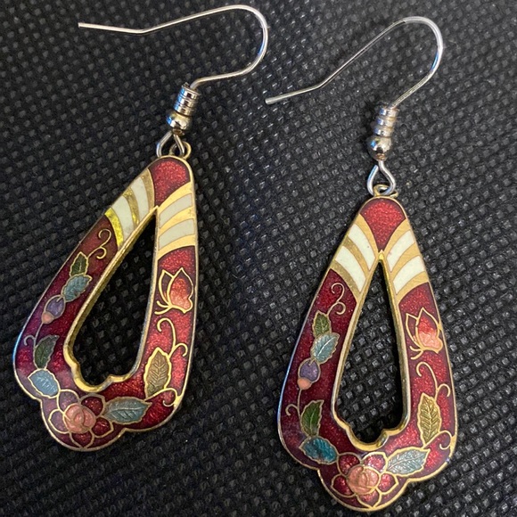 Vintage Cloisonné red dangling pierced earrings - Picture 2 of 5